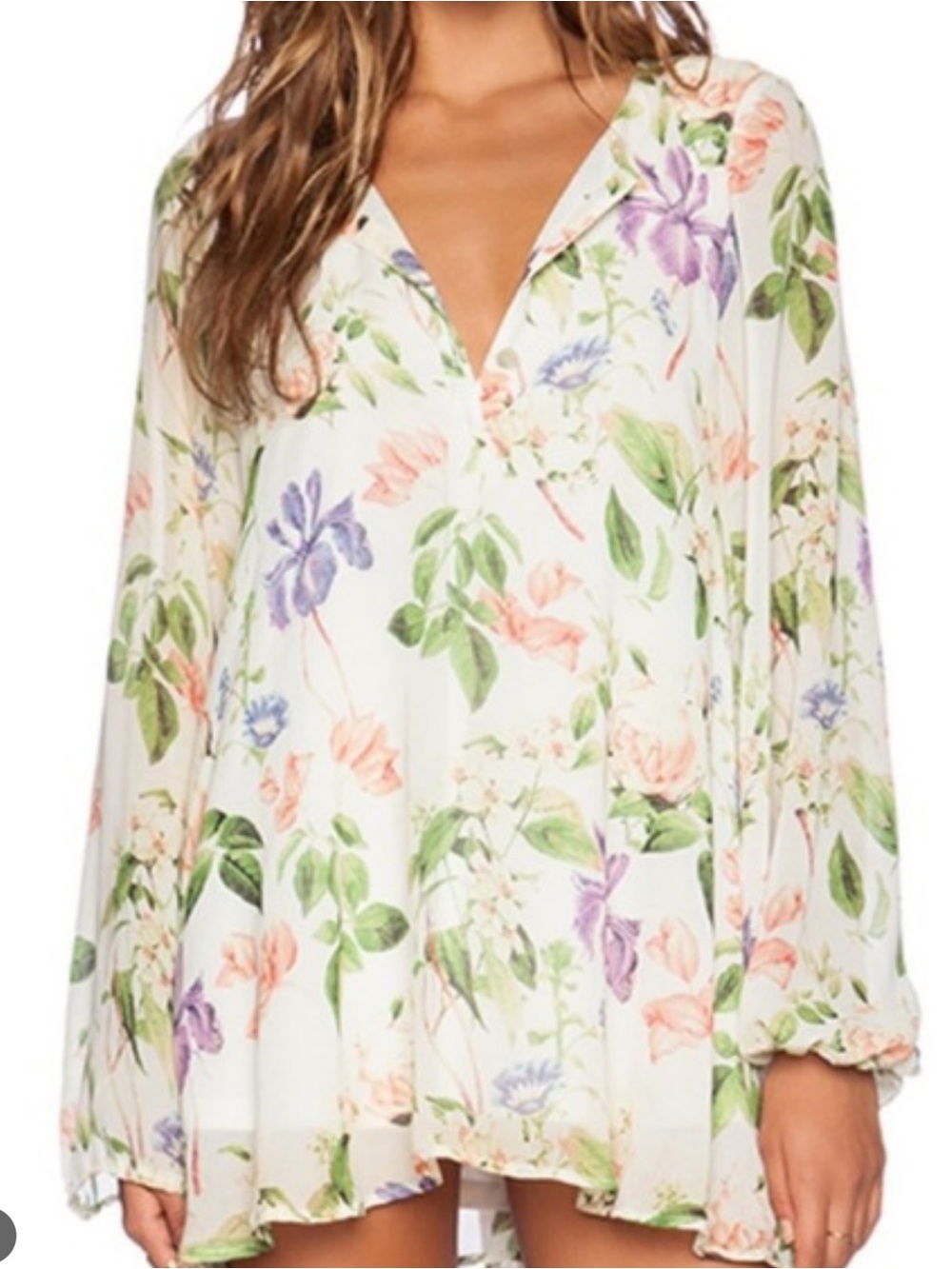 Show Me Your MuMu White Floral V-Neck Tunic with Pink, Green & Purple Print